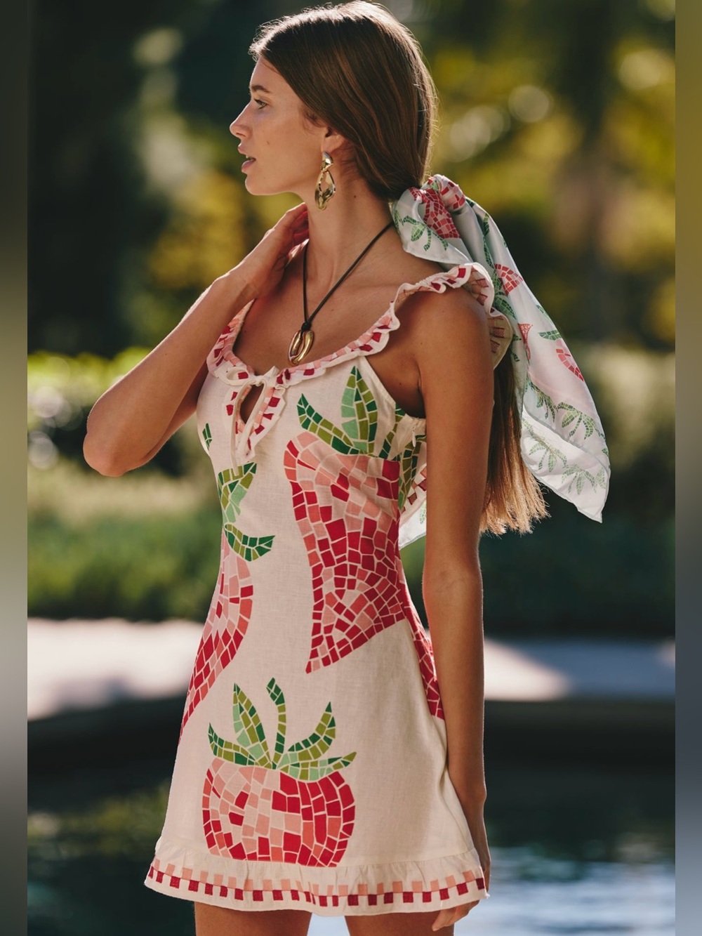 Celandine Strawberry Embroidered Open Back Mini Dress